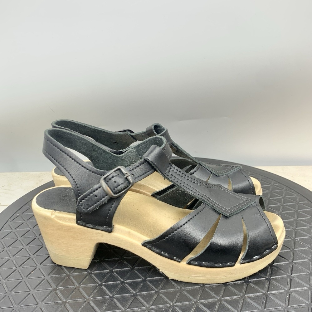 SVEN Swedish Clogs Women 37 Size 6.5 7 Sandals Heels Black Leather Wood T Strap